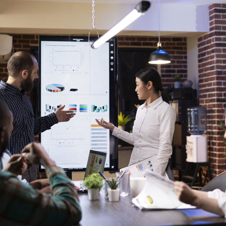 team reviewing marketing strategies on digital screen